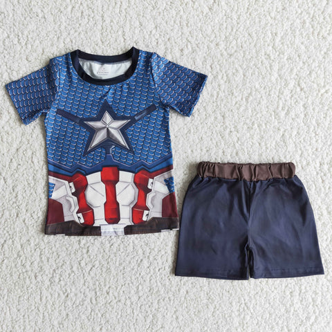 SALE E12-12 Boy's America Cartoon Blue Shorts Set