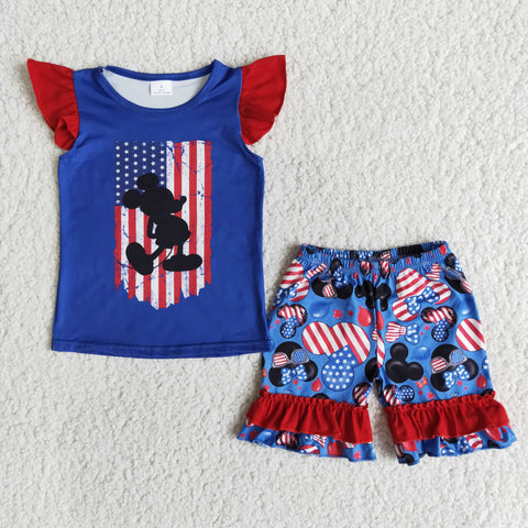 SALE E12-1 National day blue red flag Cartoon mouse Girl's Shorts Set