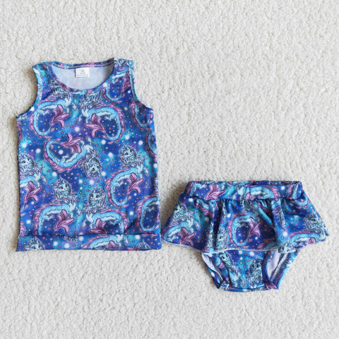 E13-19 Girl summer unicorn blue sleeveless two piece swimsuit