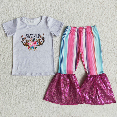 SALE C5-24 Stay Wild Pink Sequins Stripe Girl's Outfits