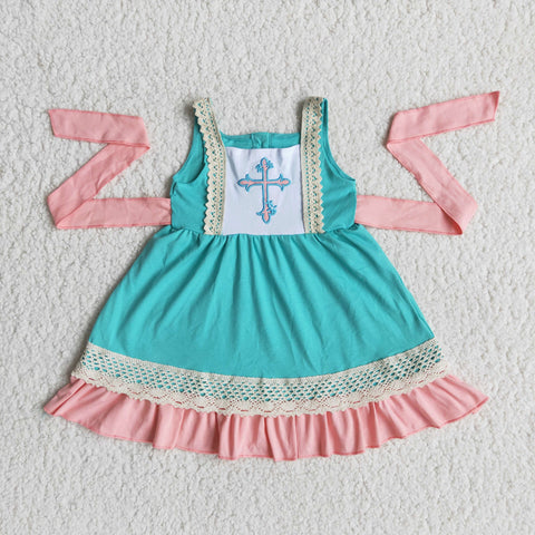 A11-14 Easter Embroidered Cross Baby Blue With Lace Cute Girl's Dress