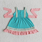 A11-14 Easter Embroidered Cross Baby Blue With Lace Cute Girl's Dress