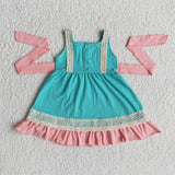 A11-14 Easter Embroidered Cross Baby Blue With Lace Cute Girl's Dress