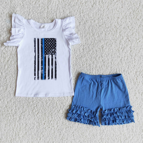 SALE A7-12 National Flag Blue Girl's Shorts Set