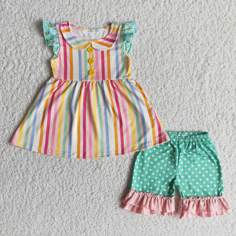 SALE A15-9 Summer Colorful Stripe Pink Girl's Shorts Set