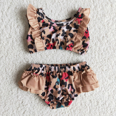 Girl summer brown leopard ruffles two piece swimsuit