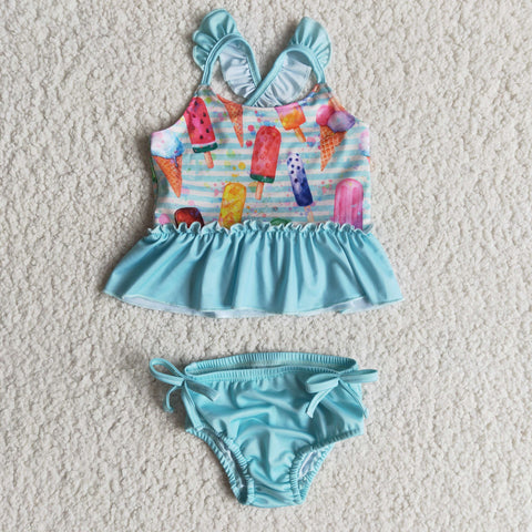 B2-4 Girl summer popsicle blue stripe two piece swimsuit