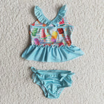 B2-4 Girl summer popsicle blue stripe two piece swimsuit