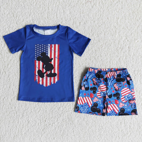 SALE B1-13 National day blue red flag Cartoon Boy's Shorts mouse Set