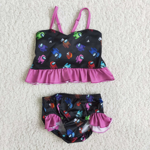 Summer Astronaut black cartoon two piece Girl's swimsuit