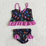 Summer Astronaut black cartoon two piece Girl's swimsuit