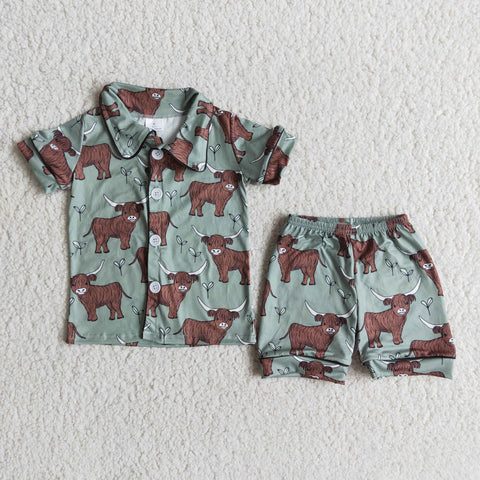 Summer Dark Green Cow Cattle Shorts Set Boy's Pajamas
