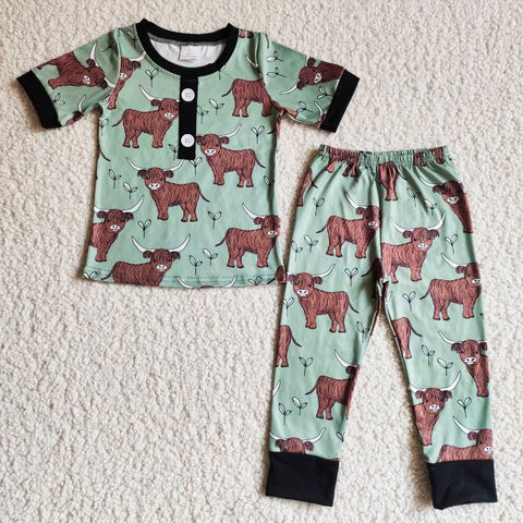 Cow Western Green Black Boy''s Set Pajamas