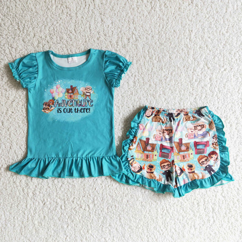 SALE B12-25 Adventure is out there cartoon blue green Girl's Shorts Set
