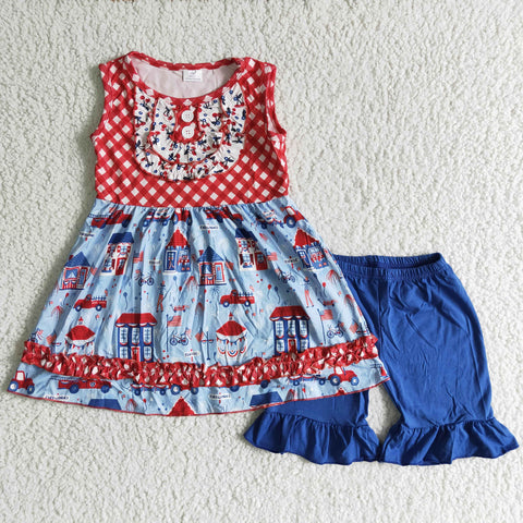 National Day Blue Red Sleeveless Ruffles Girl's Shorts Set