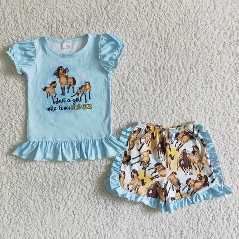 SALE B17-30 Just a girl who loves HORSES Blue Girl's Shorts Set