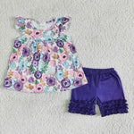 SALE B17-27 Purple Flower Floral Girl's Shorts Set