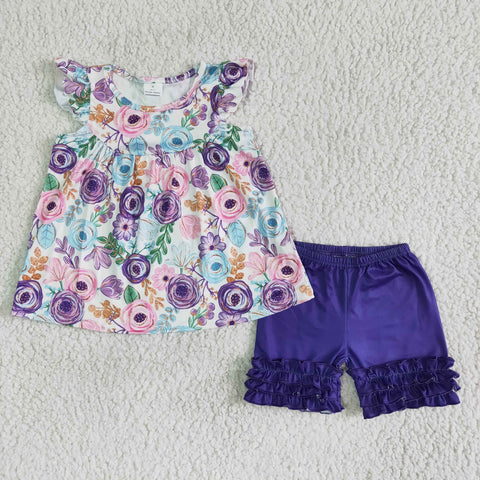 B17-27 Purple Flower Floral Girl's Shorts Set