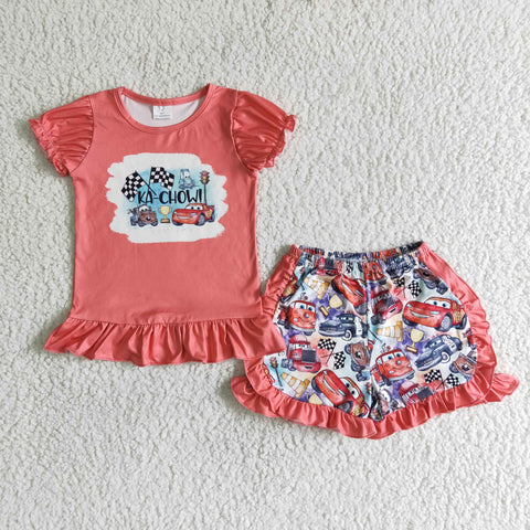 SALE C1-30 KA CHOW Cartoon Cars Coral Red Girl's Shorts Set