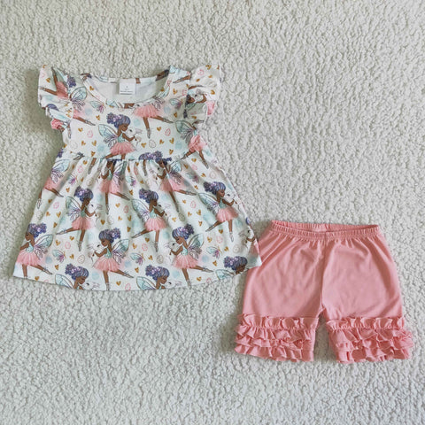 Flower Fairy With Wings Pink Girl's Shorts Set