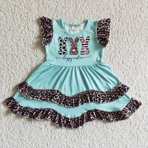 EC0006 Happy Easter Bunny Leopard Baby Blue Cute Girl's Dress