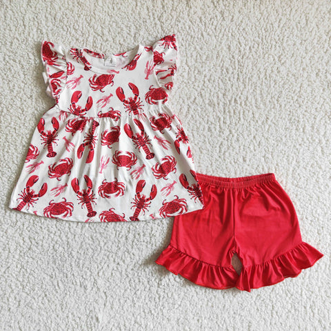 SALE C0-27 Summer Crawfish Crab Red Girl's Shorts Set