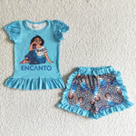 SALE GSSO0019 New Cartoon Flower girl Blue Hot Girl's Shorts Set