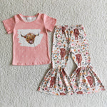 GSPO0030 Western Cow Pink Flower Floral Girl's Set