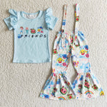 Cartoon Fish Blue Overalls Short Sleeves Girl's Set