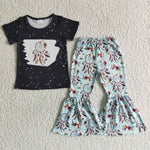 Western Black Flower Feather Blue Girl's Set