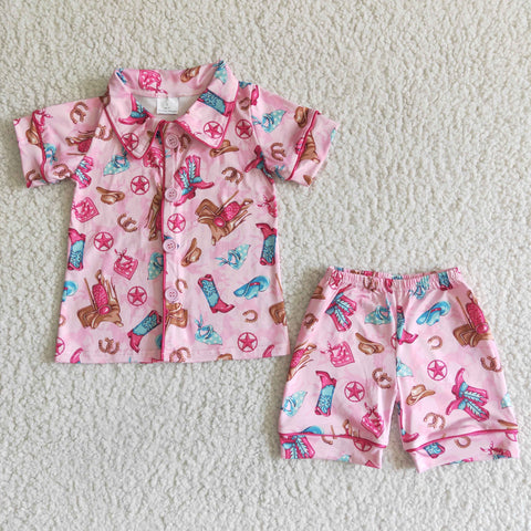 SALE GSSO0021 Cowgirl Summer Boots Hat Pink Shorts Set Girl's Pajamas