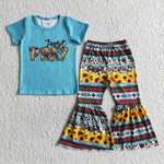 SALE GSPO0031 Just PRAY Western Sunflower Blue Stripe Girl's Set