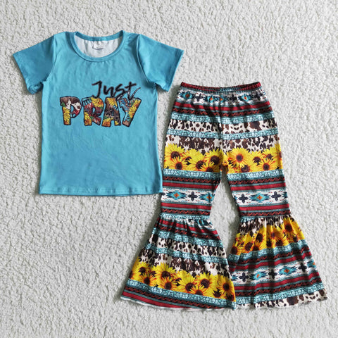 SALE GSPO0031 Just PRAY Western Sunflower Blue Stripe Girl's Set