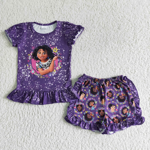 SALE GSSO0003 New Cartoon Purple Flower girl Girl's Shorts Set