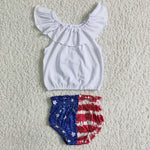 National Day Star Red Blue July 4th Baby Bummie Girl's Set