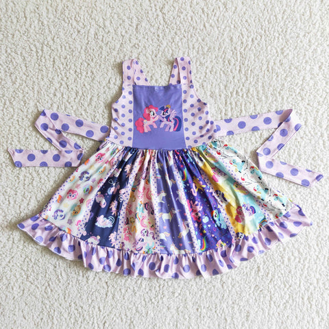 SALE Purple Twirl dress with dot and little cartoon horse and belt
