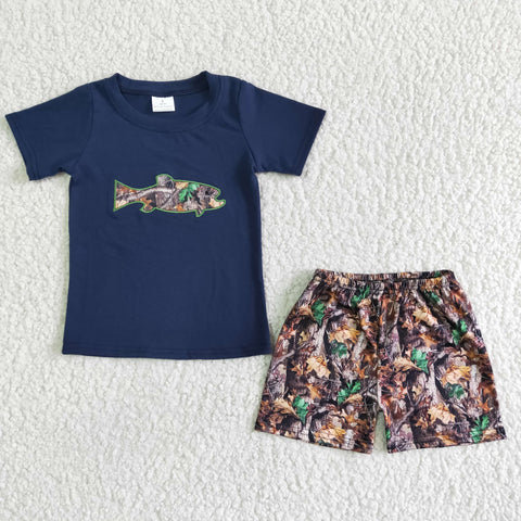 SALE BSSO0010 New Embroidered Fish Camo Navy Blue Boy's shorts set