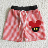 A2-11* Boy‘s Summer Red Plaid Embroidery mouse Cartoon Swimming Trunks Shorts
