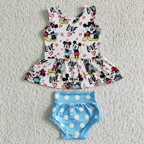 Cartoon Cute LOVE Baby Bummie Blue mouse Dots Girl's Set