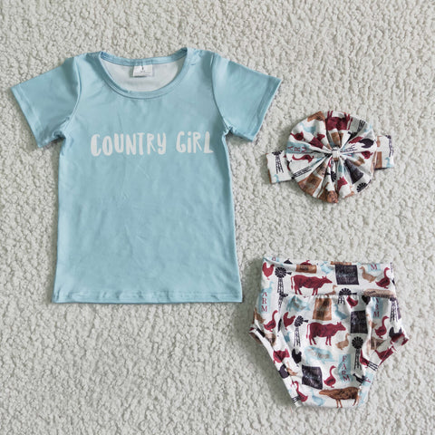 GBO0004 Summer Country Girl Blue Cow Baby Bummie Girl's Set