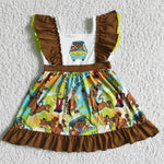 SALE GSD0001 Summer Cartoon Bus Dog Ruffles Girl's Short Sleeves Dress