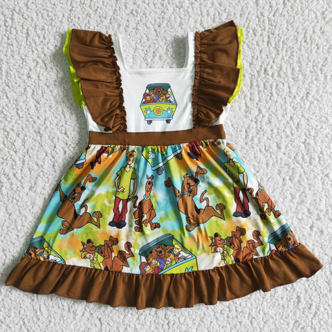 SALE GSD0001 Summer Cartoon Bus Dog Ruffles Girl's Short Sleeves Dress