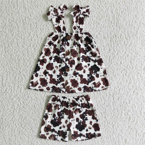 Cow Print With Buttons Brown Girl's Shorts Set