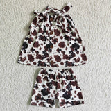 Cow Print With Buttons Brown Girl's Shorts Set