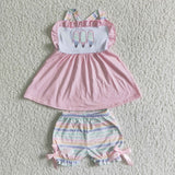 GSSO0012 New Embroidered Popsicles Pink Stripe Girl's Shorts Set