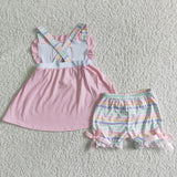 GSSO0012 New Embroidered Popsicles Pink Stripe Girl's Shorts Set