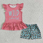 Wild Chid Pink Blue Leopard Cheetah Girl's Shorts Set