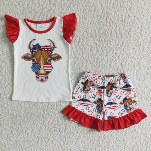 National Day Blue Red Cow Star Girl's Shorts Set