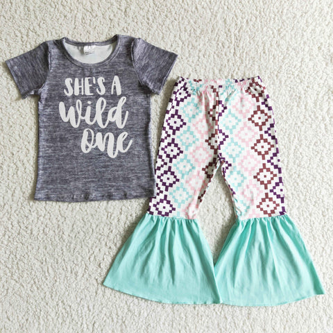 SALE B14-24 SHE'S A wild one Grey Short Sleeves Girl's Set