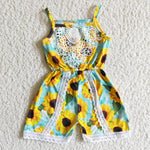 SR0001 New Summer Sunflower With Lace Girl's Shorts Jumpsuit